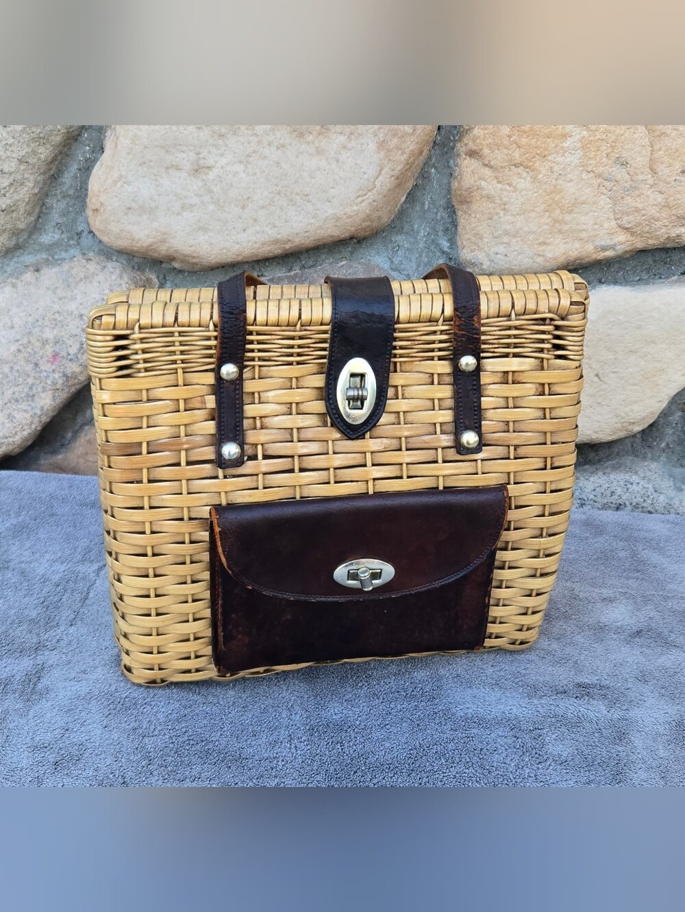 Vintage 1950s 1960s Hand Made in British Hong Kong Wicker Rattan Handbag Purse